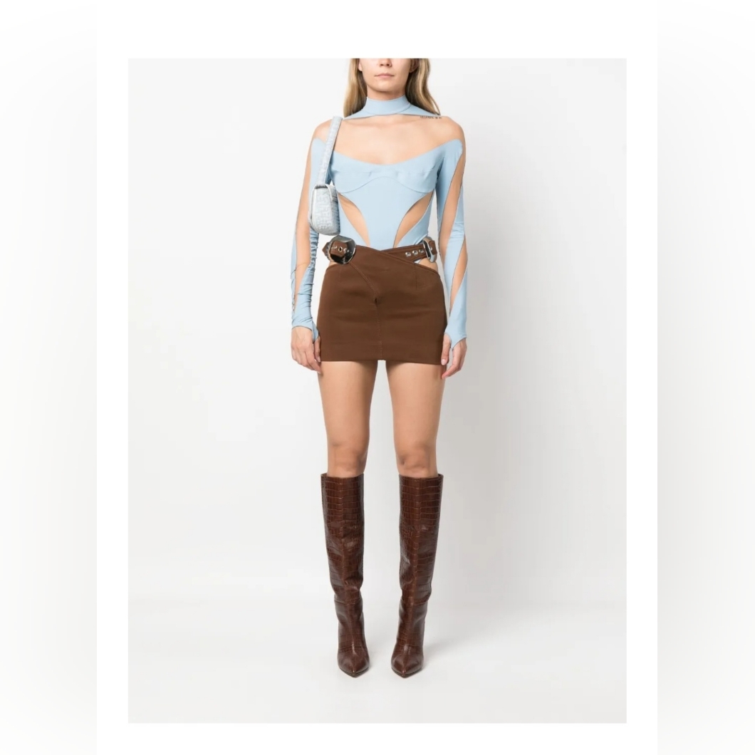 Mugler Illusion Cutout Bodysuit Light Blue Mesh, Size 8 | Nwt
